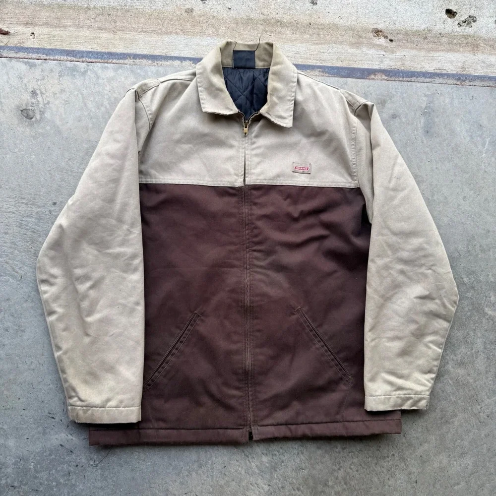 Dickies Mens Two Tone Work Jacket Tan Brown Quilted Lined Canvas Zip Up Large